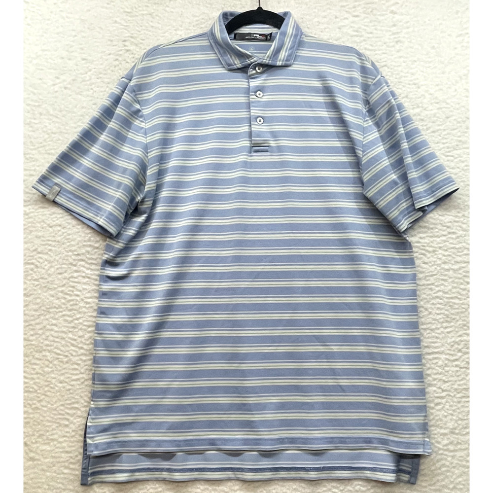RLX Ralph Lauren Shirt Mens Medium Blue White Striped Polo Golf Casual Wicking